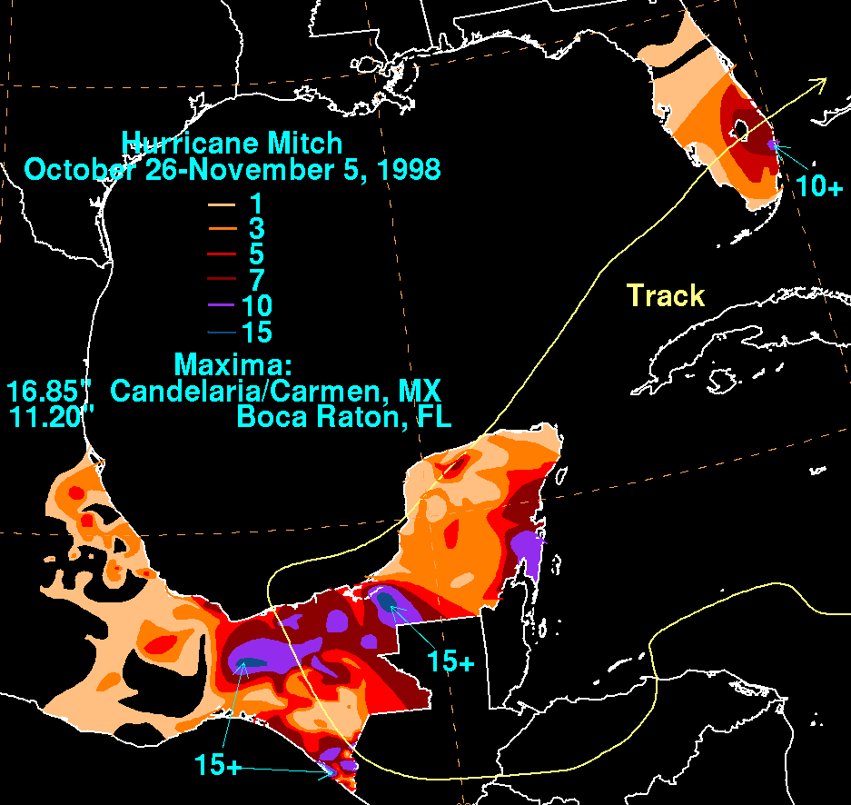 Mitch (1998) Filled Contour Rainfall