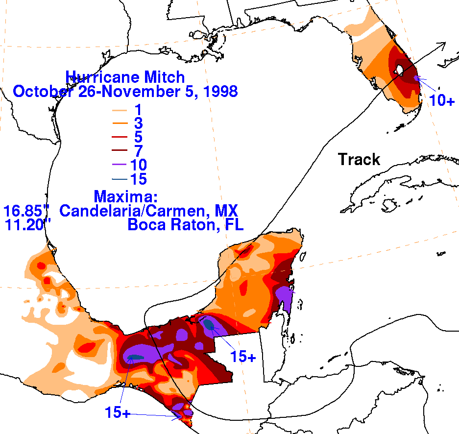 Mitch (1998) Filled Contour Rainfall on White Background