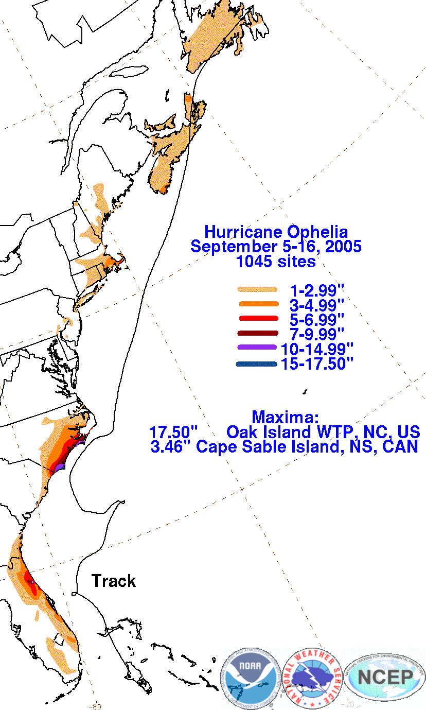 Ophelia (2005) Filled Contour Rainfall on White Background