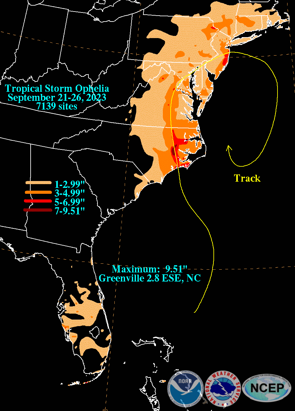 Tropical Storm Ophelia (2023) Rainfall