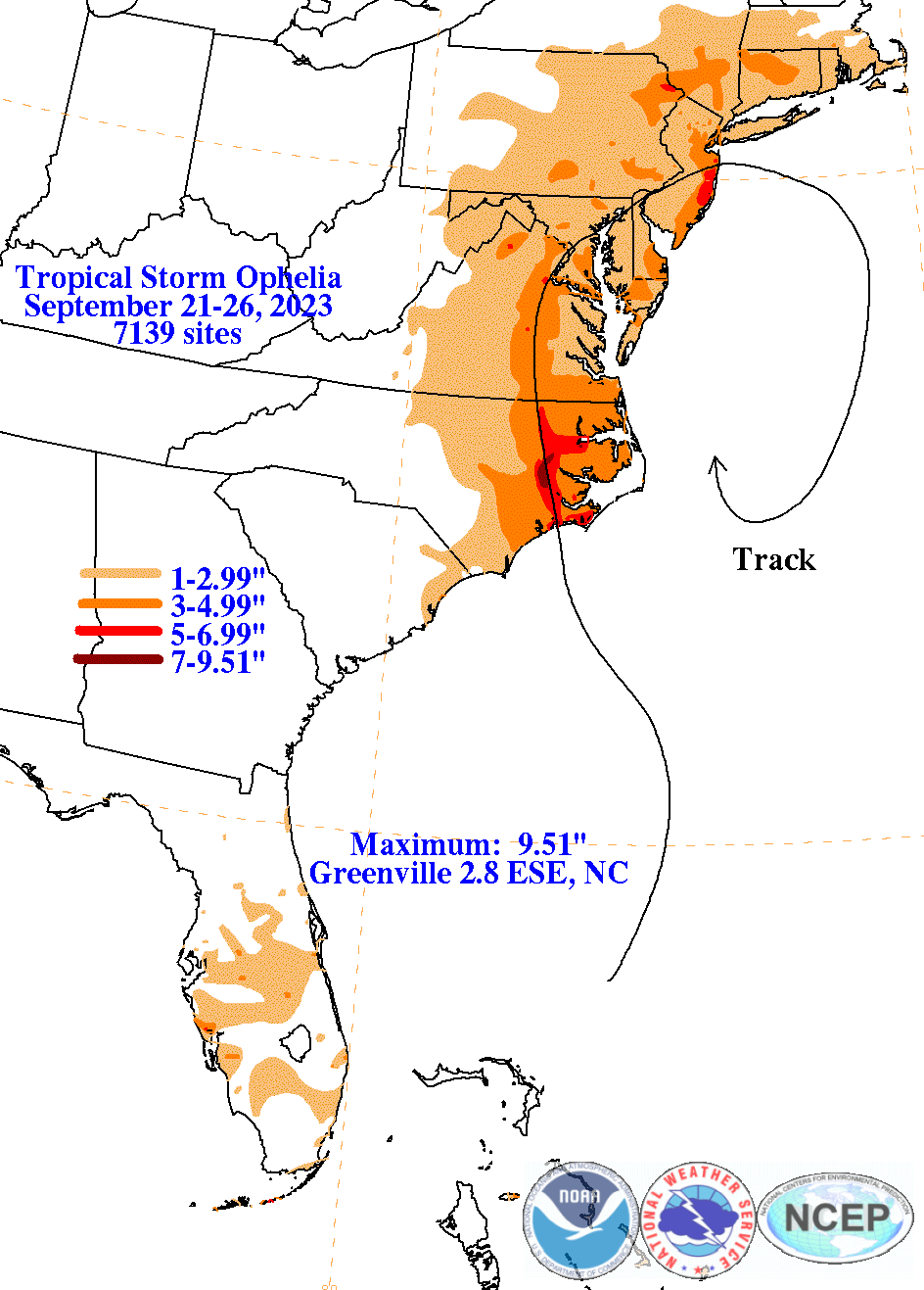 Tropical Storm Ophelia (2023) Rainfall