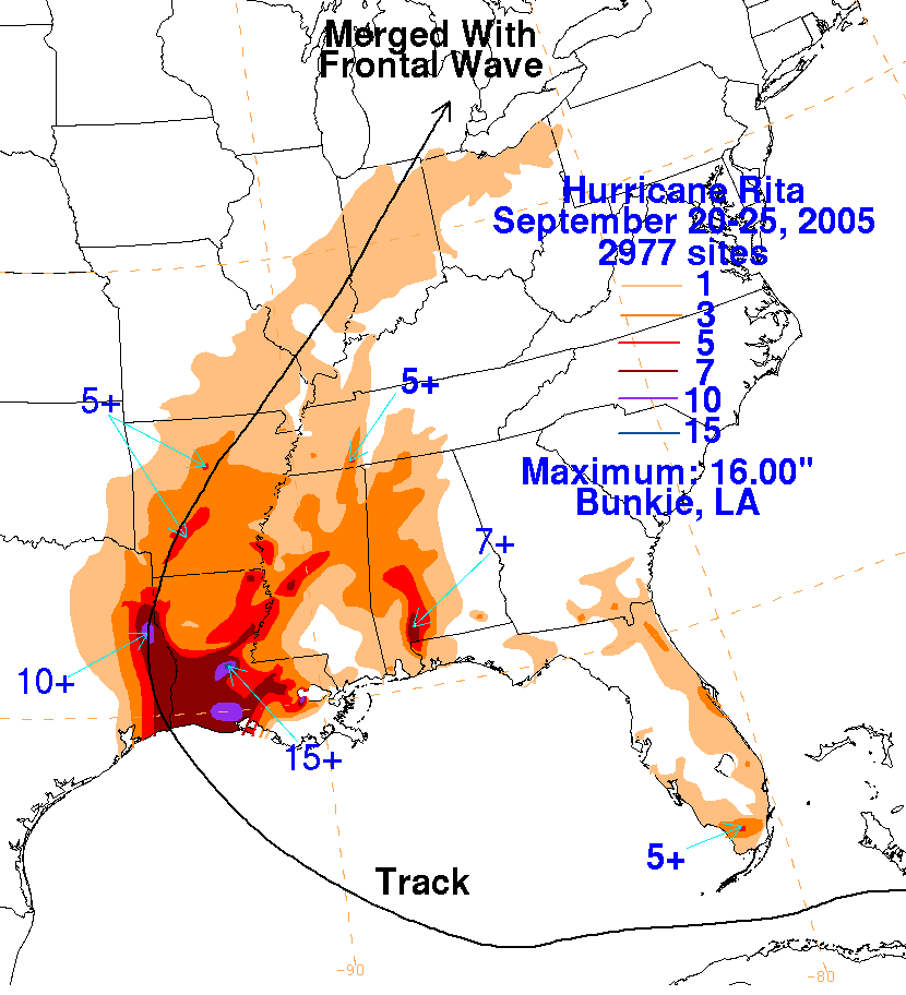 Rita (2005) Filled Contour Rainfall on White Background