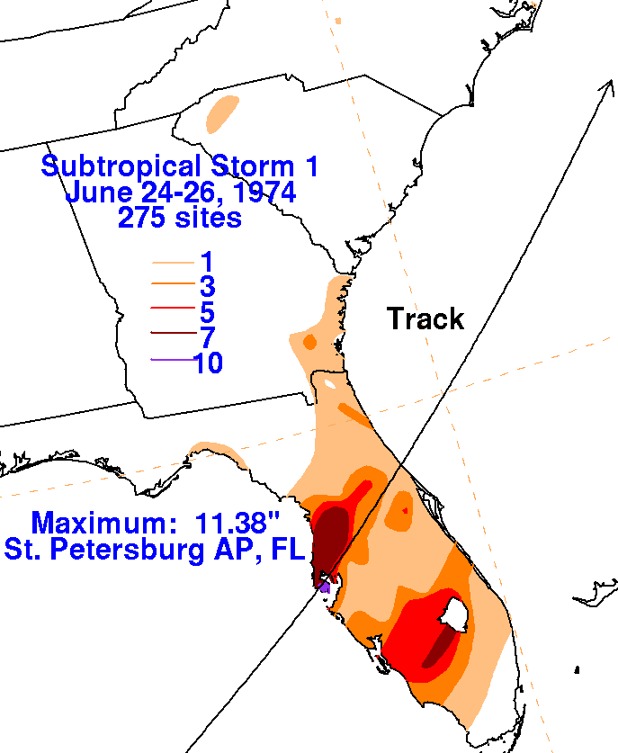 Subtropical Storm 1 (1974) Rainfall