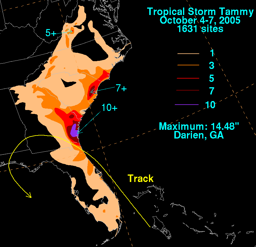 Tropical Storm Tammy (2005) Filled Contour Rainfall