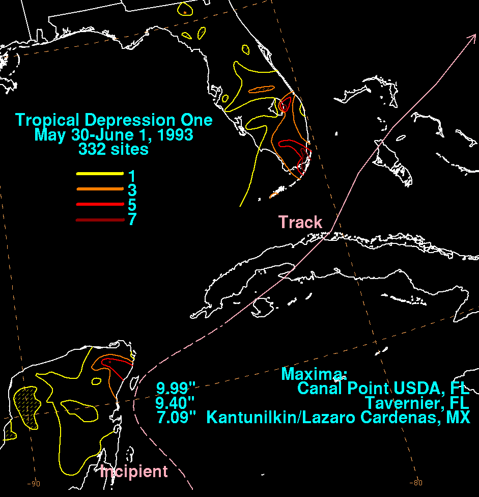 Tropical Depression One (1993) Storm total rainfall