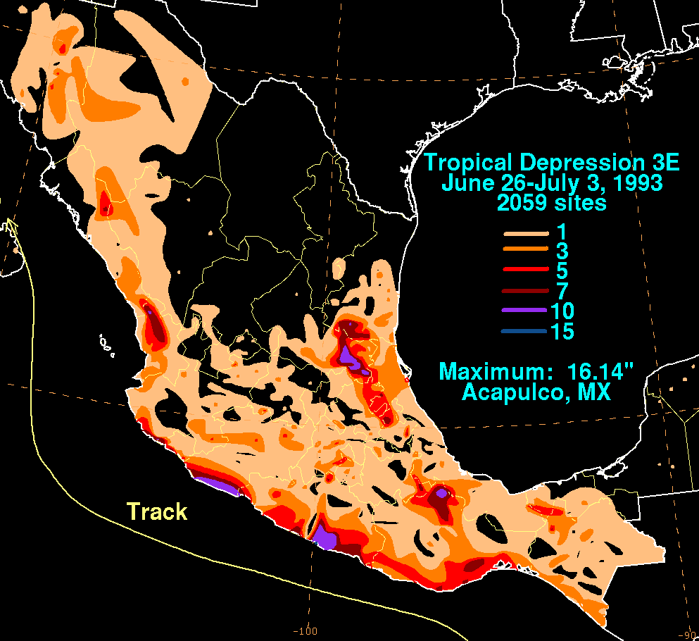 Tropical Depression 3E (1993) Storm Total Rainfall