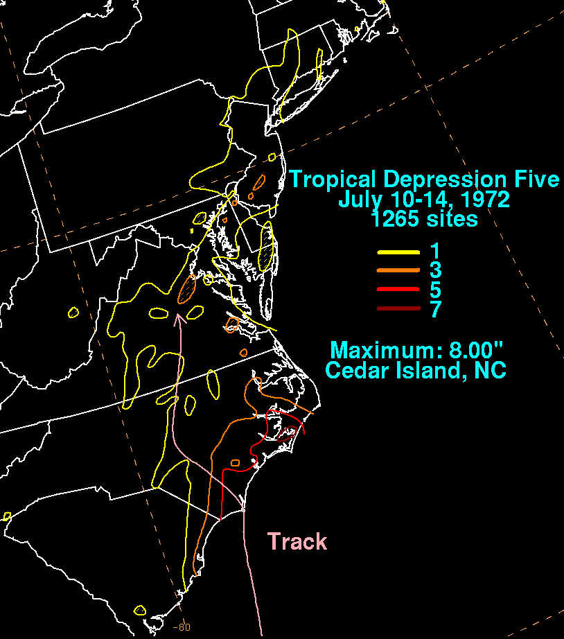 Tropical Depression Five (1972) Storm Total Rainfall