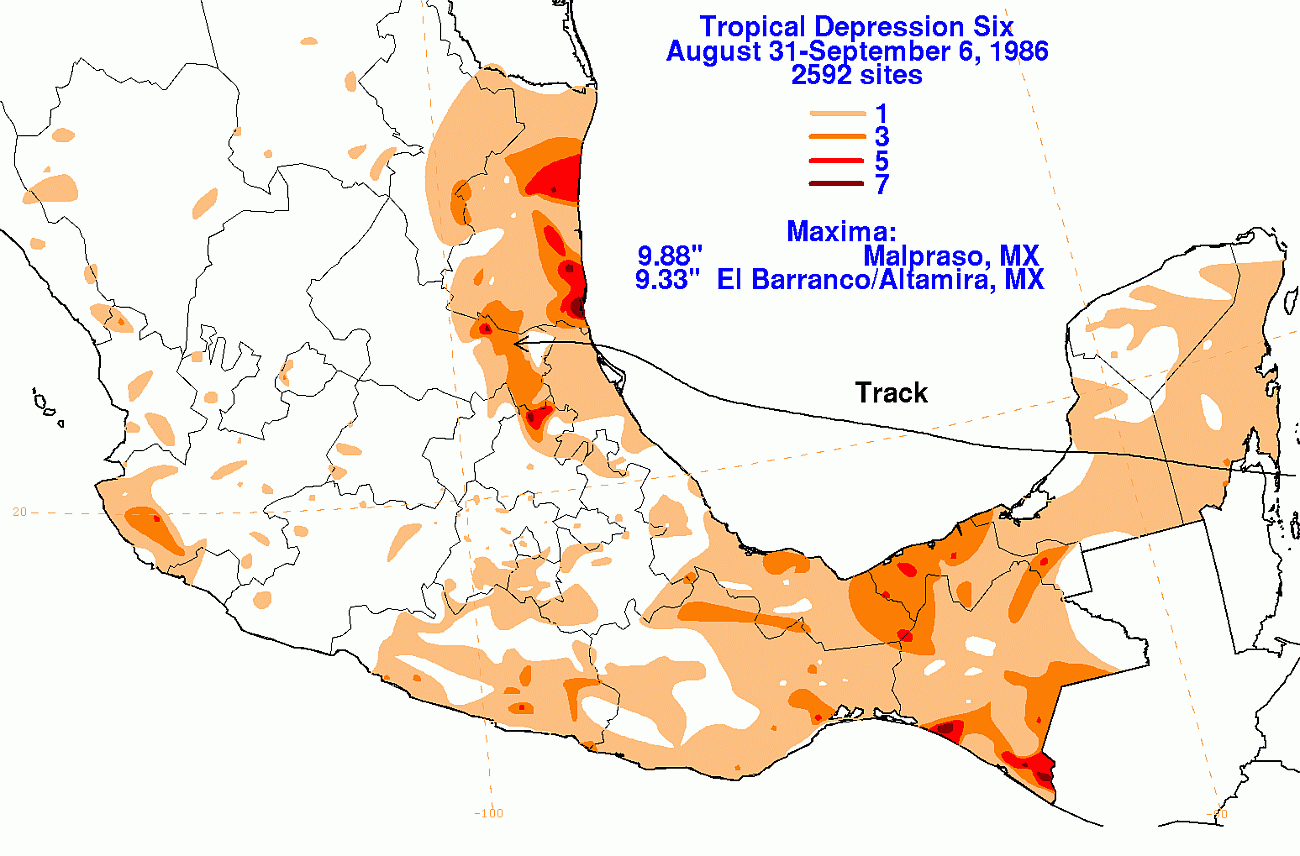 Tropical Depression #6A (1986) Storm Total Rainfall