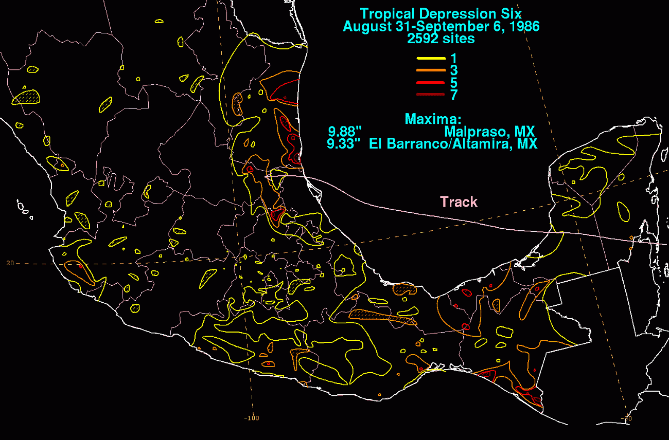 Tropical Depression #6A (1986) Storm Total Rainfall