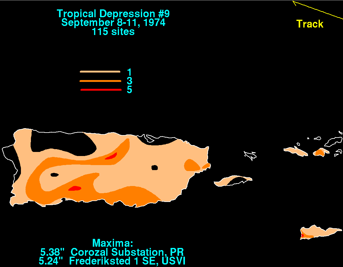 Northeast Caribbean Rainfall Totals for Tropical Depression 9 (1974)