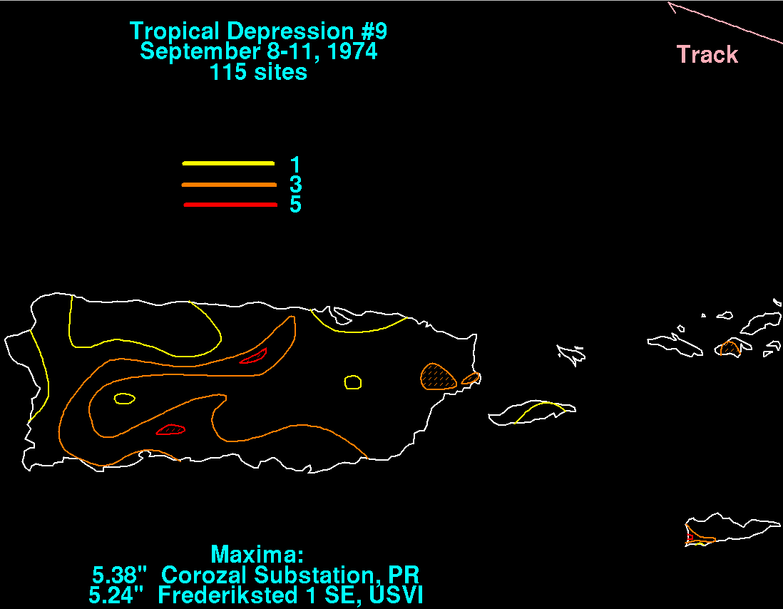 Northeast Caribbean Rainfall Totals for Tropical Depression 9 (1974)