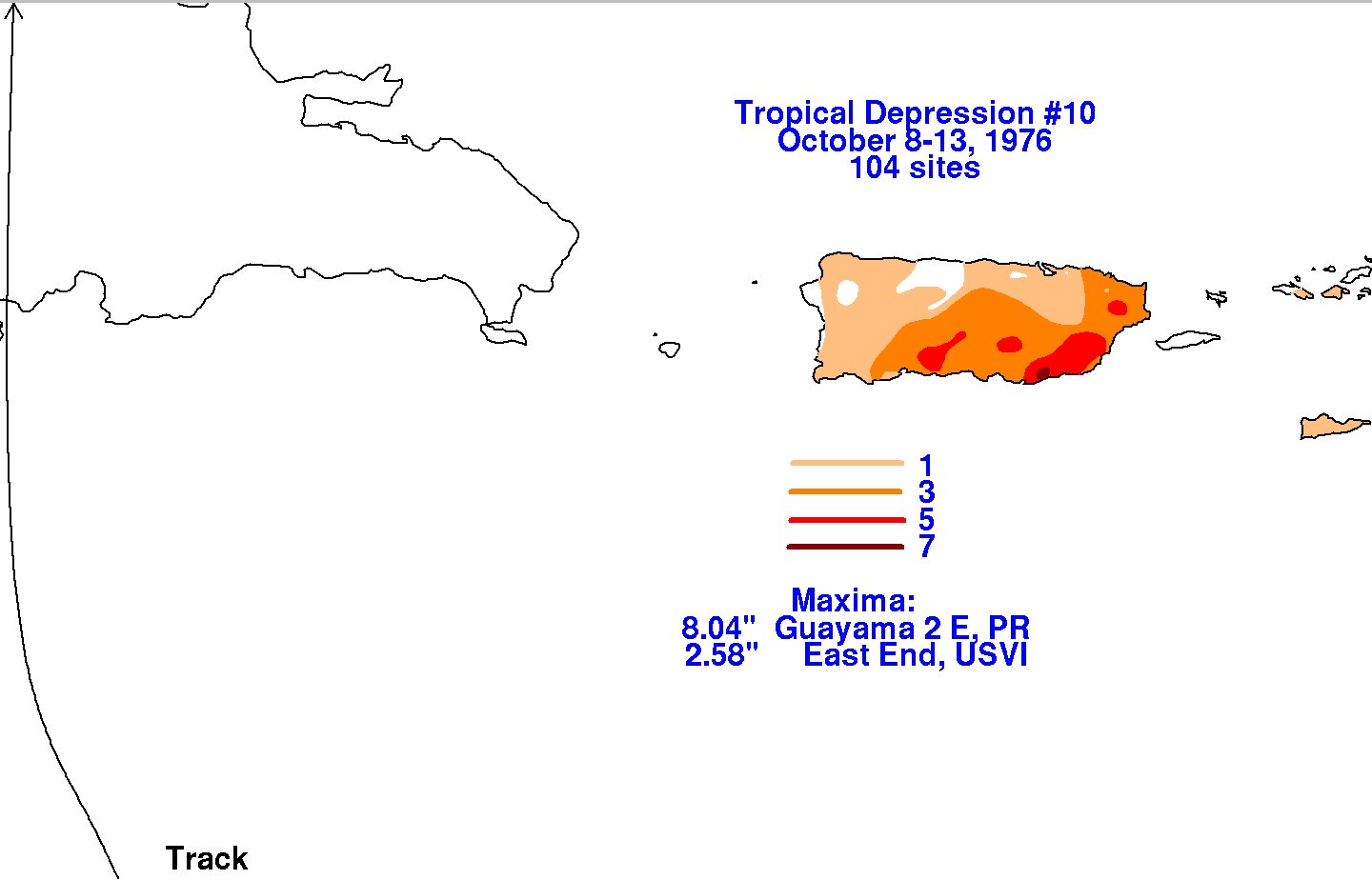 Northeast Caribbean Rainfall Totals for Tropical Depression 10 (1976)