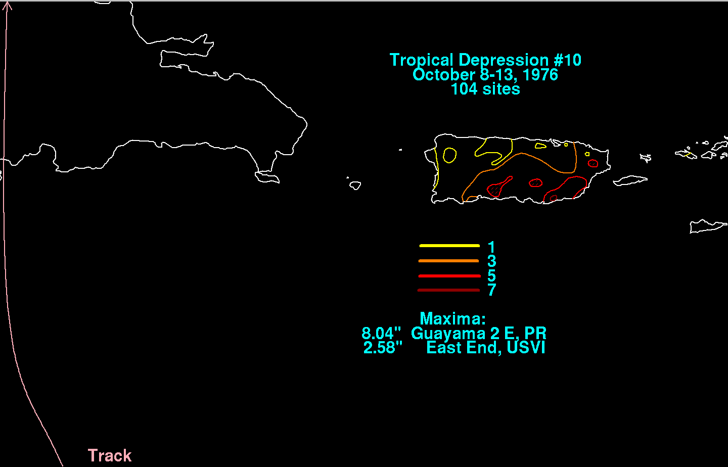 Northeast Caribbean Rainfall Totals for Tropical Depression 10 (1976)