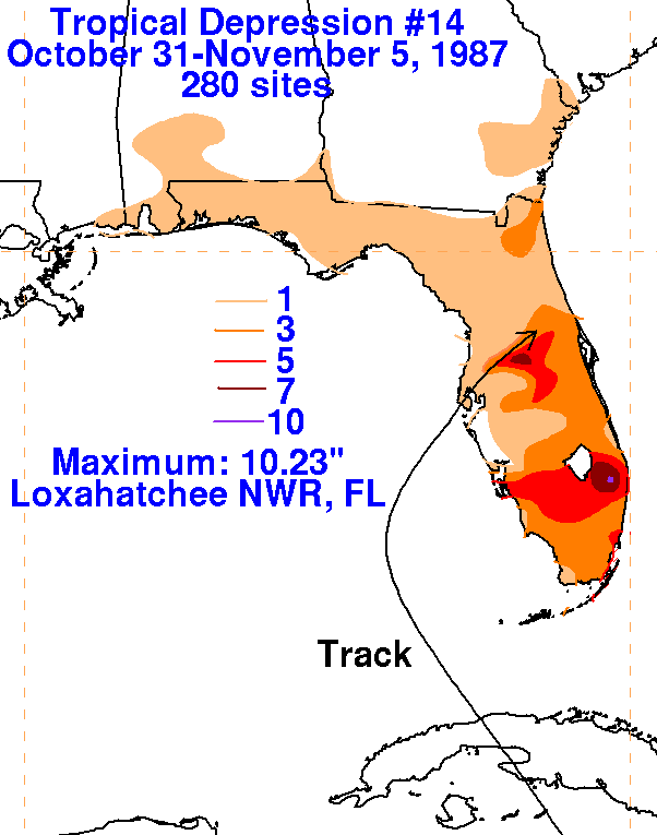 Tropical Depression #14A (1987) Storm Total Rainfall