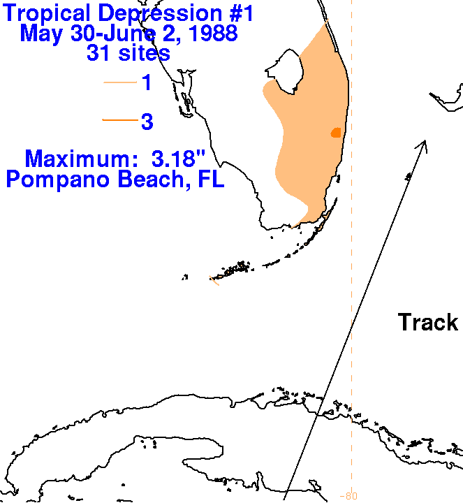 Tropical Depression 1A (1988) Storm Total Rainfall