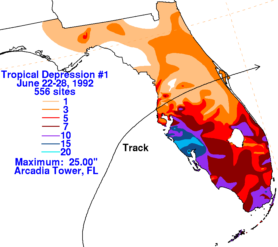 T.D #1 of 1992 rainfall contour map