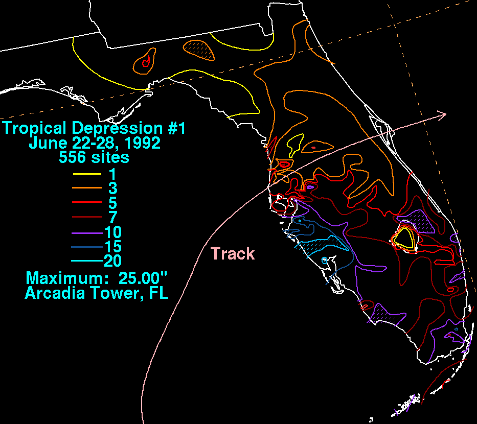 T.D #1 of 1992 rainfall contour map