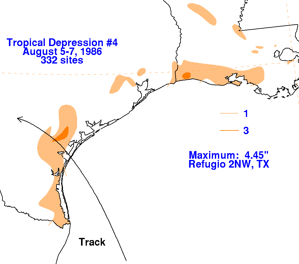 Tropical Depression #4A (1986) Storm Total Rainfall