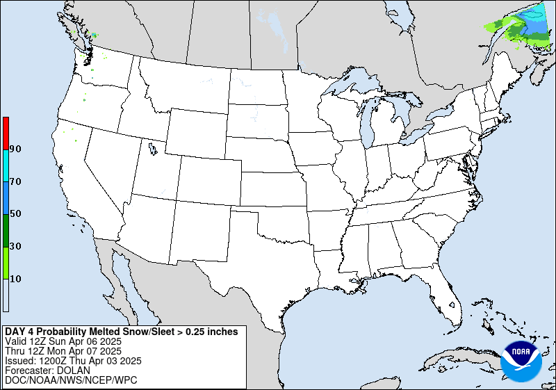 Day 4 probability of at least .25 inch liquid equivalent of snow/sleet.