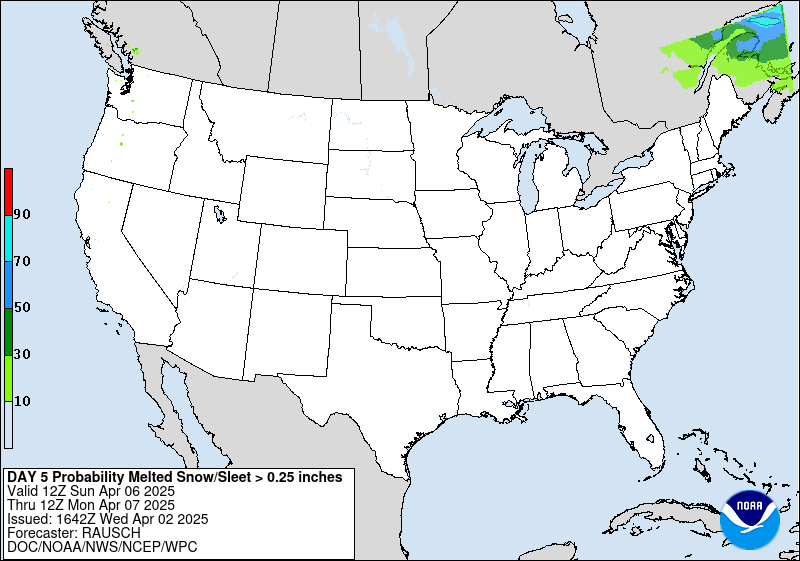 Day 5 probability of at least .25 inch liquid equivalent of snow/sleet.