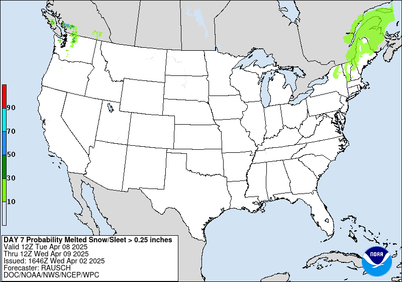 Day 7 probability of at least .25 inch liquid equivalent of snow/sleet.