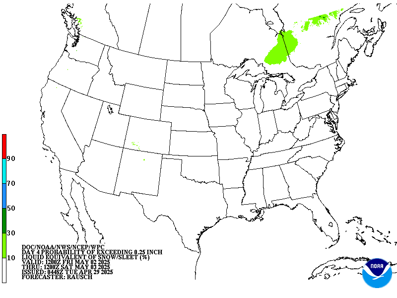 Day 4 probability of at least .25 inch liquid equivalent of snow/sleet.