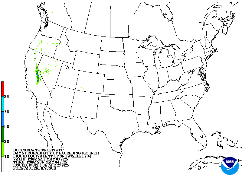 Day 5 probability of at least .25 inch liquid equivalent of snow/sleet.