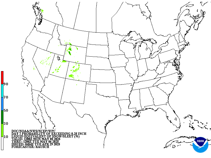 Day 7 probability of at least .25 inch liquid equivalent of snow/sleet.