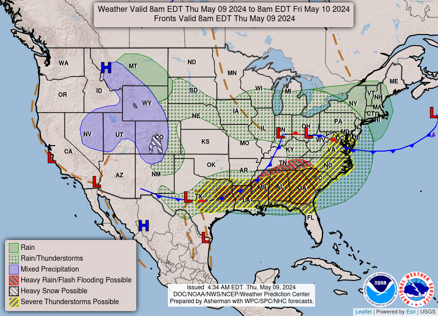 map depicting forecast weather for today across north america