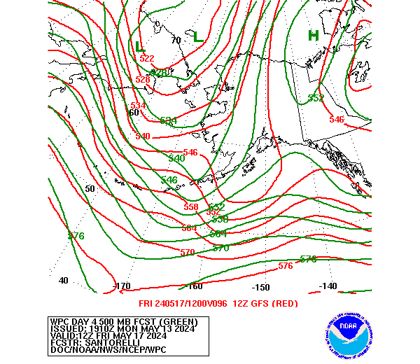 WPC and GFS Forecast of 500mb Heights valid on Day 4