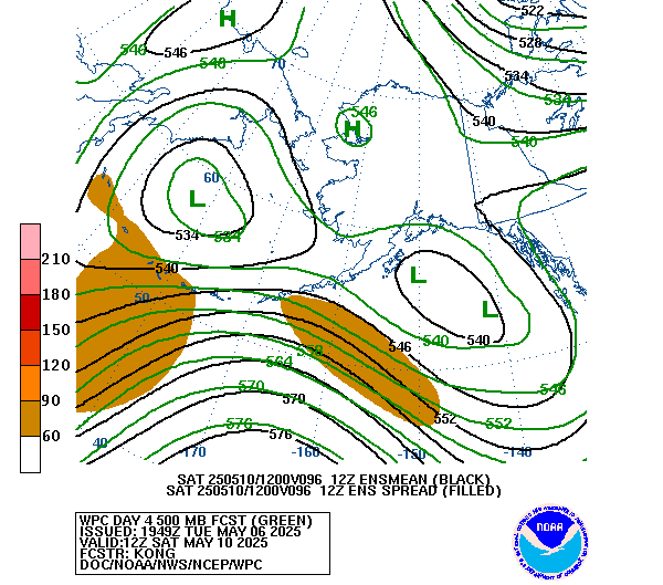 WPC and GFS  Ensemble Mean/Spread Forecast of 500mb Heights valid on Day 4