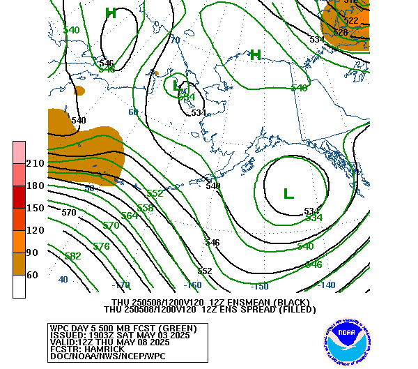 WPC and GFS  Ensemble Mean/Spread Forecast of 500mb Heights valid on Day 5