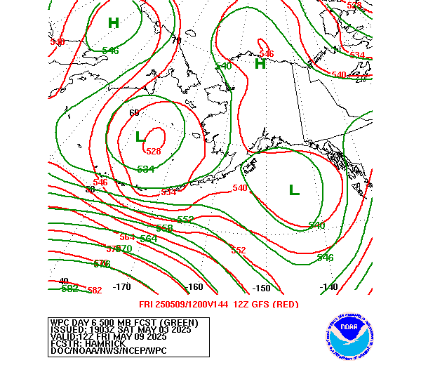 WPC and GFS Forecast of 500mb Heights valid on Day 6