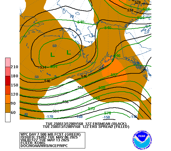 WPC and GFS  Ensemble Mean/Spread Forecast of 500mb Heights valid on Day 7