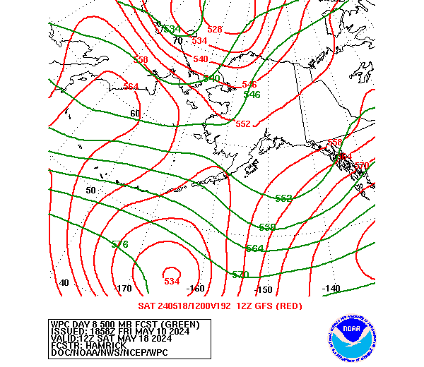 WPC and GFS Forecast of 500mb Heights valid on Day 8