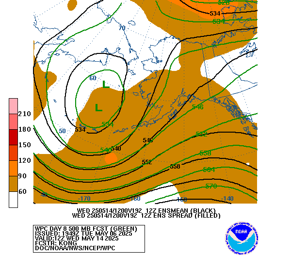 WPC and GFS  Ensemble Mean/Spread Forecast of 500mb Heights valid on Day 8