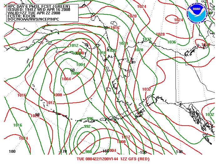 WPC and GFS Forecast of Sea Level Pressure valid on Day 6