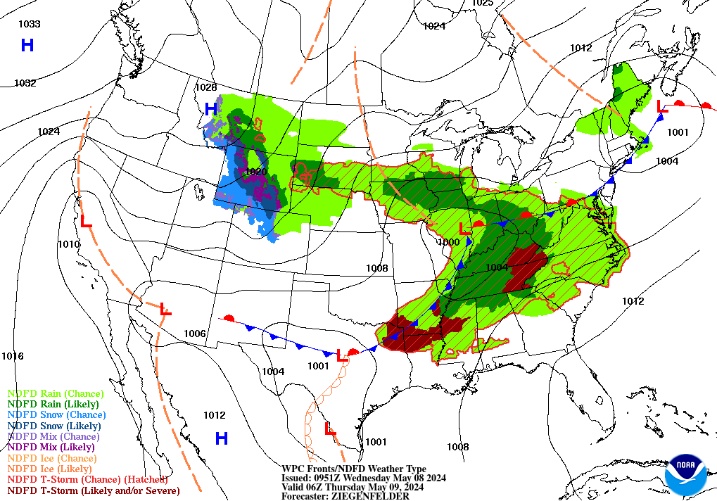 Forecast of Fronts/Pressure and Weather valid Mon 06Z