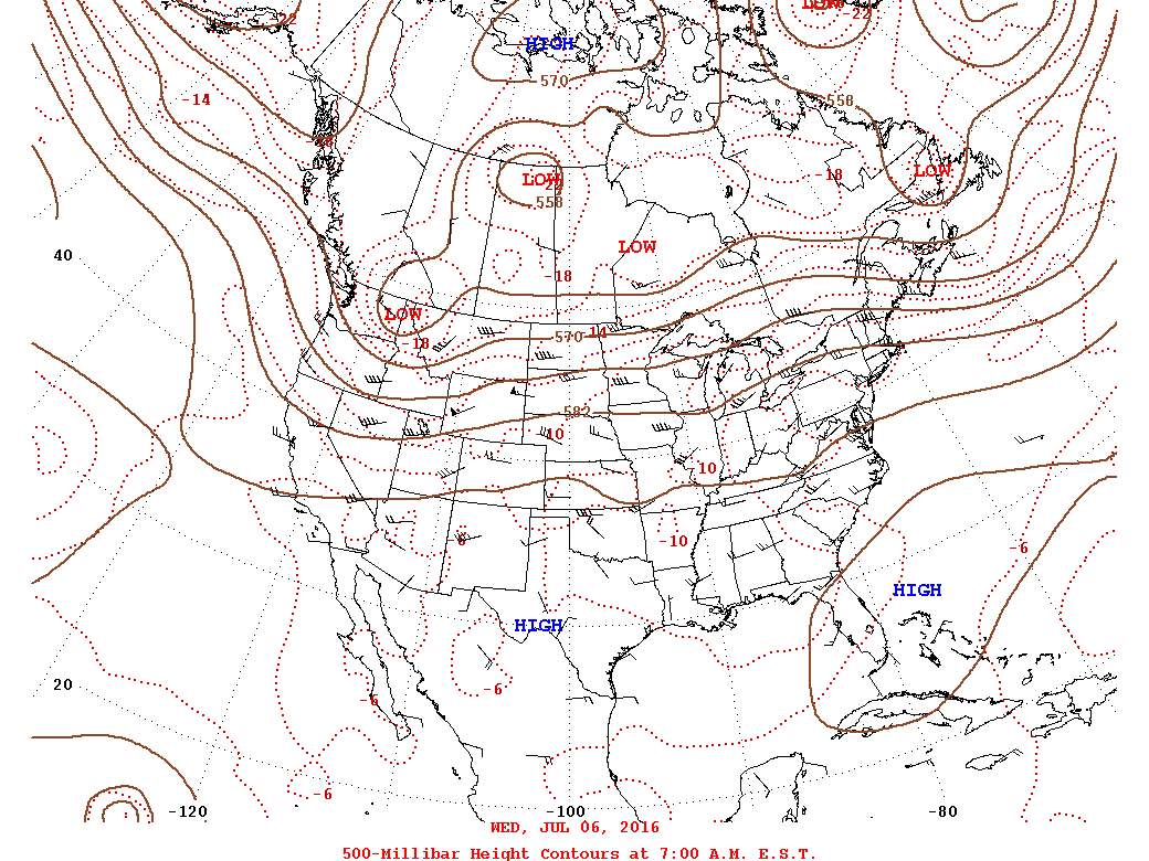 Daily 7:00 AM  E.S.T. 500-Millibar Height Contour Map