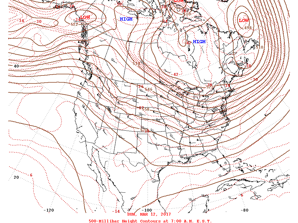 Daily 7:00 AM  E.S.T. 500-Millibar Height Contour Map