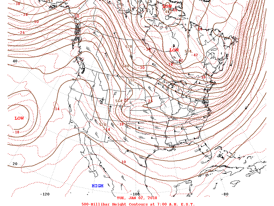 Daily 7:00 AM  E.S.T. 500-Millibar Height Contour Map
