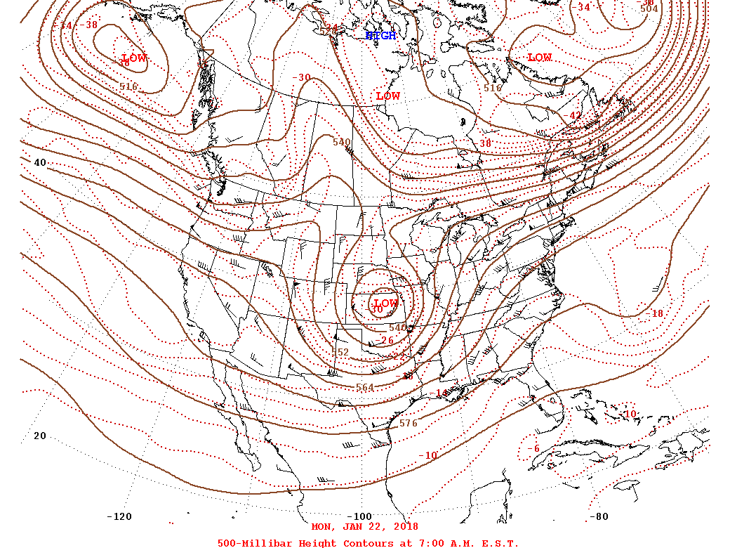 Daily 7:00 AM  E.S.T. 500-Millibar Height Contour Map