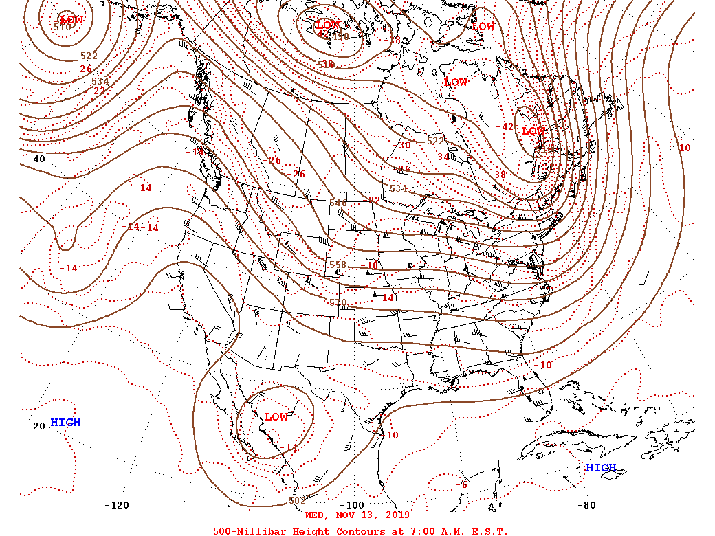 Daily 7:00 AM  E.S.T. 500-Millibar Height Contour Map