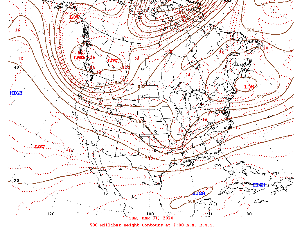 Daily 7:00 AM  E.S.T. 500-Millibar Height Contour Map