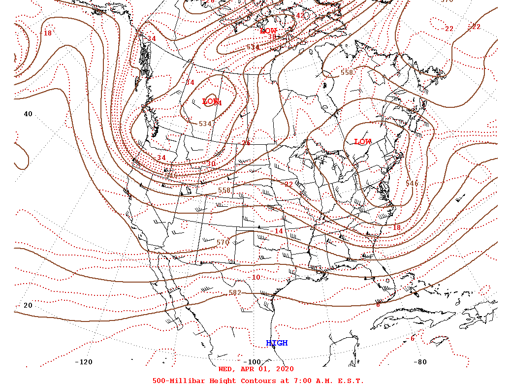 Daily 7:00 AM  E.S.T. 500-Millibar Height Contour Map