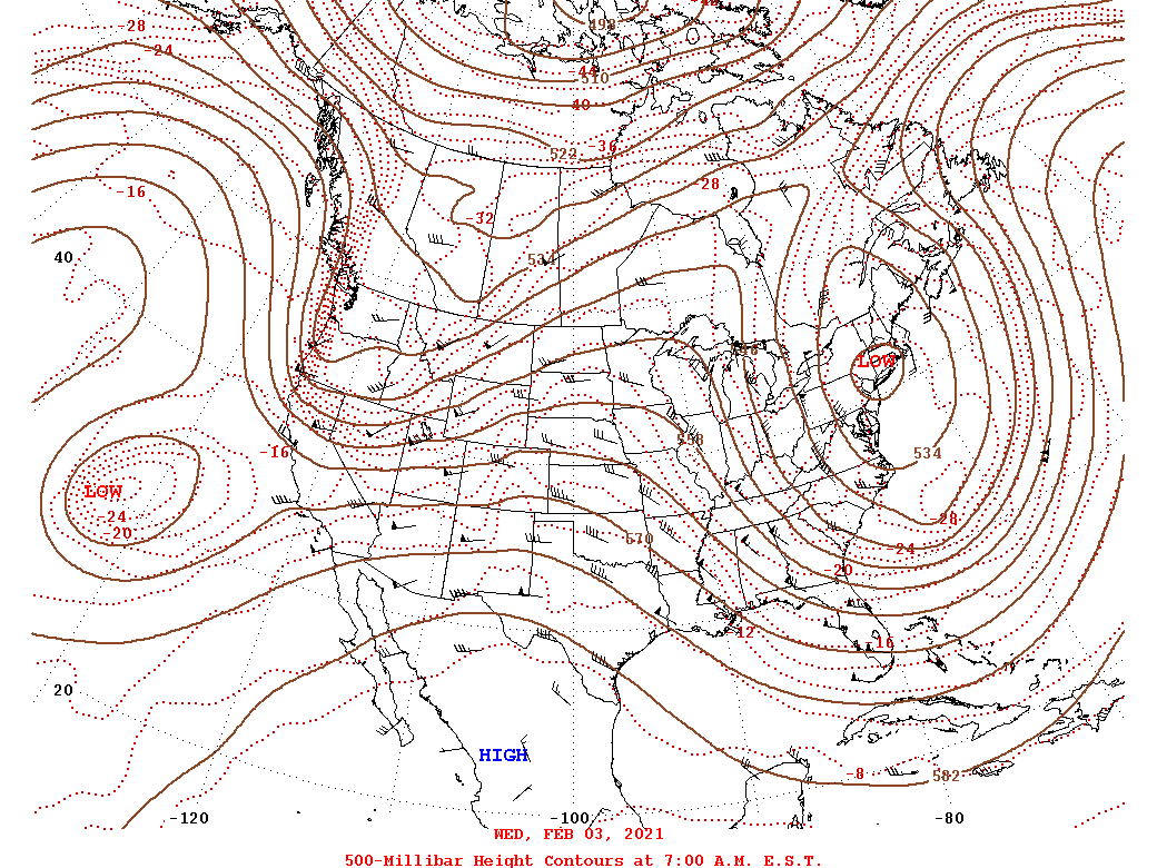 Daily 7:00 AM  E.S.T. 500-Millibar Height Contour Map