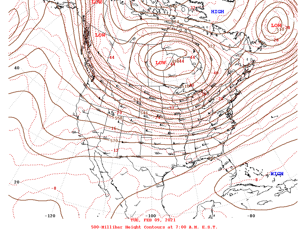 Daily 7:00 AM  E.S.T. 500-Millibar Height Contour Map