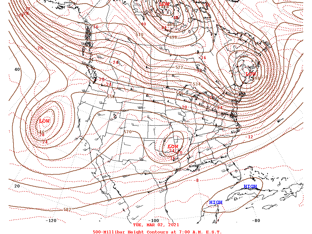 Daily 7:00 AM  E.S.T. 500-Millibar Height Contour Map