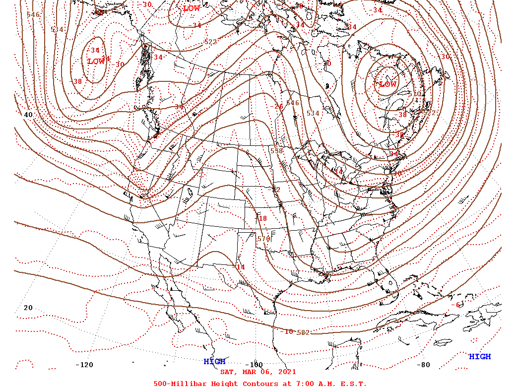 Daily 7:00 AM  E.S.T. 500-Millibar Height Contour Map