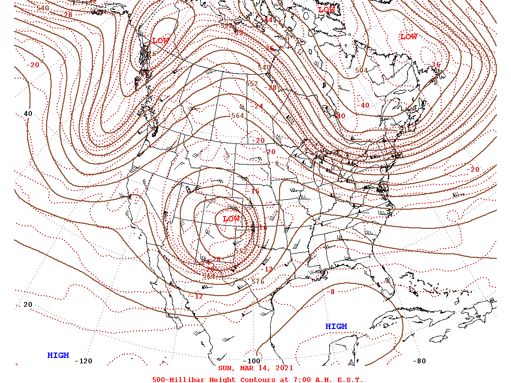 Daily 7:00 AM  E.S.T. 500-Millibar Height Contour Map